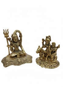 2 Brass Figures of Hindu Deity Shiva: Family Grouping of Shiva with Sons & Bull Nandi and Shiva in