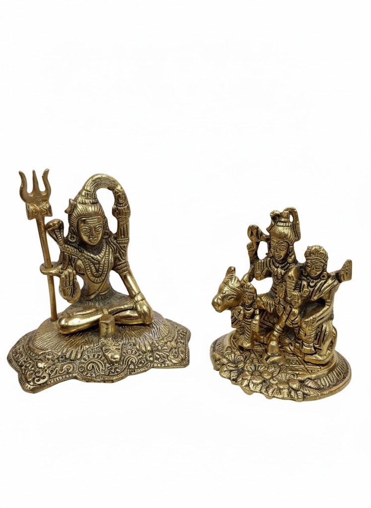 2 Brass Figures of Hindu Deity Shiva: Family Grouping of Shiva with Sons & Bull Nandi and Shiva in: Brass (2) Figures of Shiva: 1) Family Grouping with Sons and Mount, Bull 2) Shiva in Meditation. Largest Measures: 5"H x 5"W x 3"D