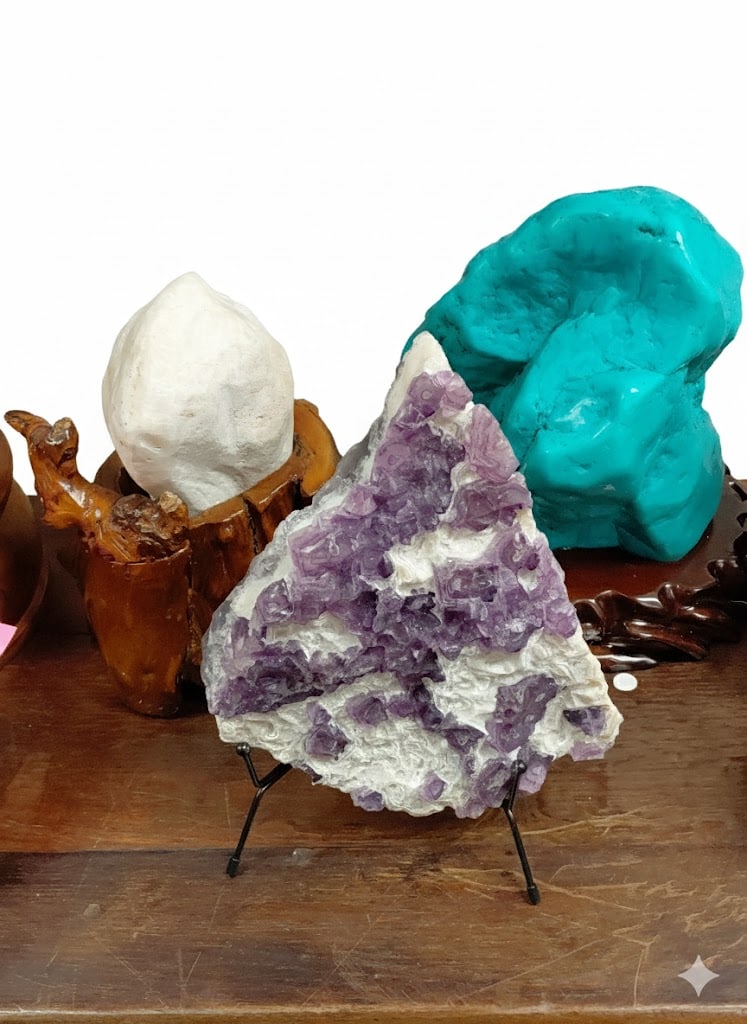 Lot of 3 Medium Sized Rock and Crystal Froms: Left (White Fluorite Rock), Center (White and Purple: Lot of 3 Medium Sized Rock and Crystal Froms: Left (White Fluorite Rock), Center (White and Purple Fluorite on Metal Stand) & Right (Turquoise Nugget on Wood Display Stand) Largest Measures: 11"H x 9"