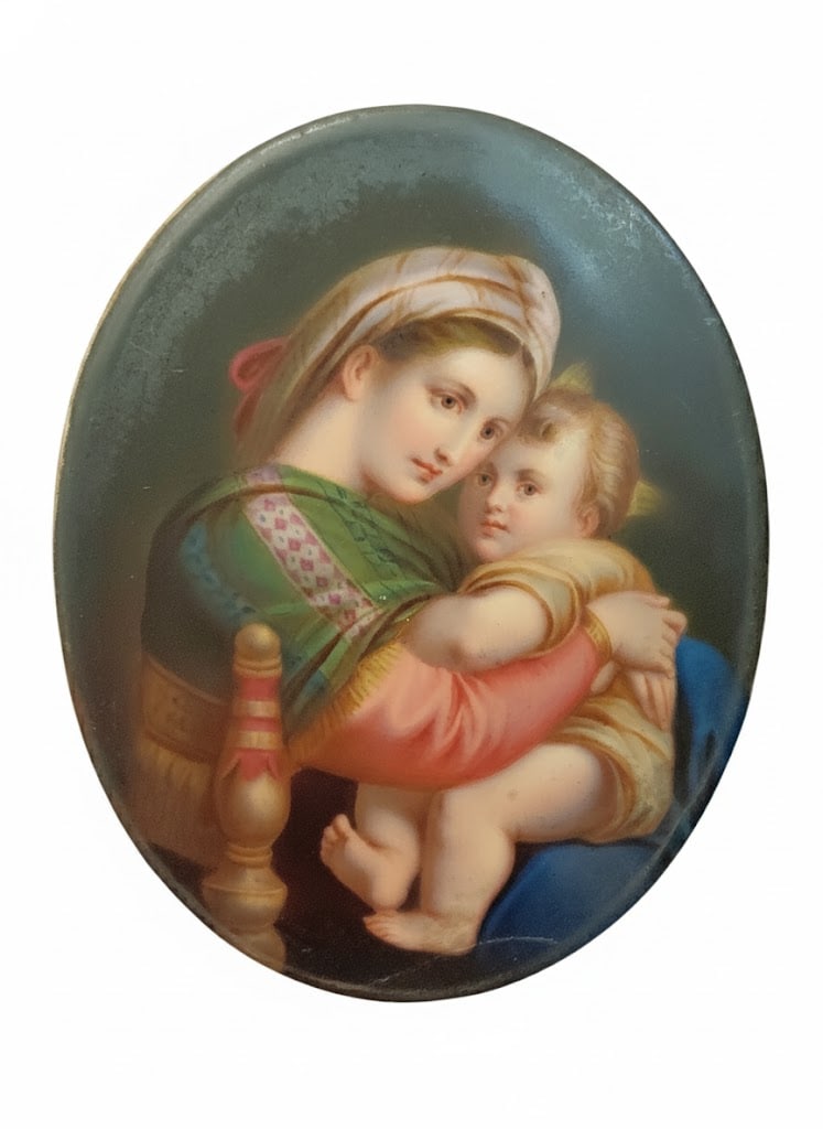 Madonna & Child Italian Porcelain Portrait.: Miniature Italian Painting on Porcelain: Madonna & Child. 4.5" H x 4"W