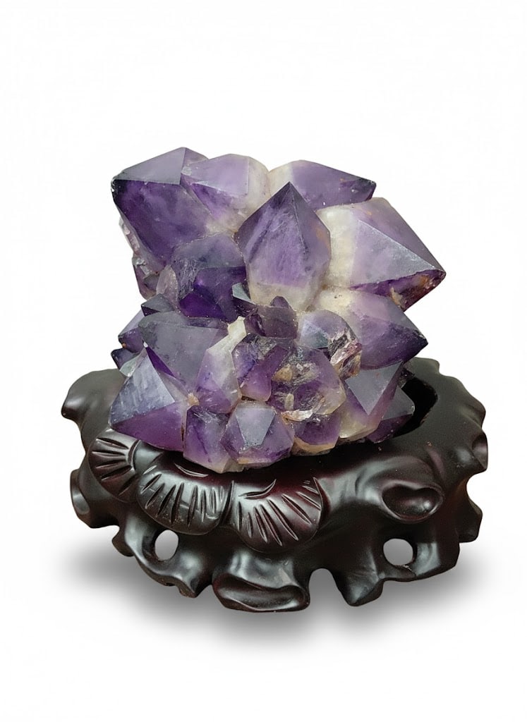 Amethyst on Carved Wooden Display: Amethyst on Carved Wooden Display. 10"h x 12"W x 7"D