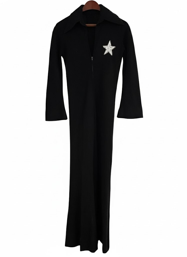 1960s Black Sammy Davis Jr. Signature Performance Jumpsuit. XS with Star Sequin.: Black Sammy Davis Jr. Jumpsuit with Sequin Star on Outside. Sz Sm