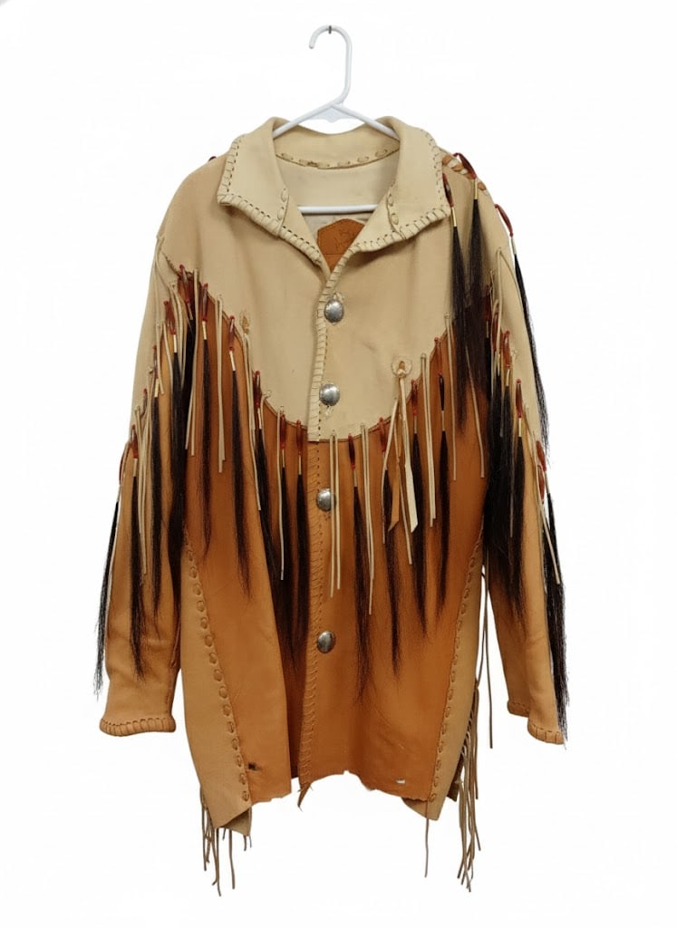 Grizzly (AZ) Native American Jacket: Leather Mix with Horse Hair and Beading.: Grizzly (AZ) Two Tone Leather Jacket with Horse Hair & Beading Plus, Large Metal Buttons. Maker is Clearly Labeled in Leather Collar as Fort Grizzly. Lg.