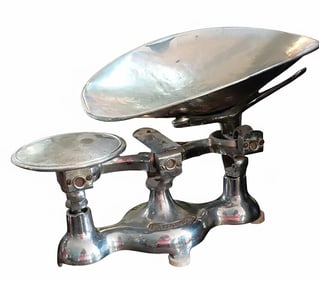 Vintage Chromed Counter Balance Scale. 9"H x 16"W x 9"D.