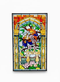 Beautiful Vintage Stained Glass Framed Parrots and Water Lillies with Tiffany Method-Framed.
