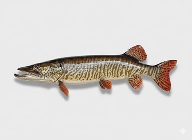 Muskie Wall Mounted Fish. In Replica of Freshwater Fish. 10"Hx 33"W x 7"D.