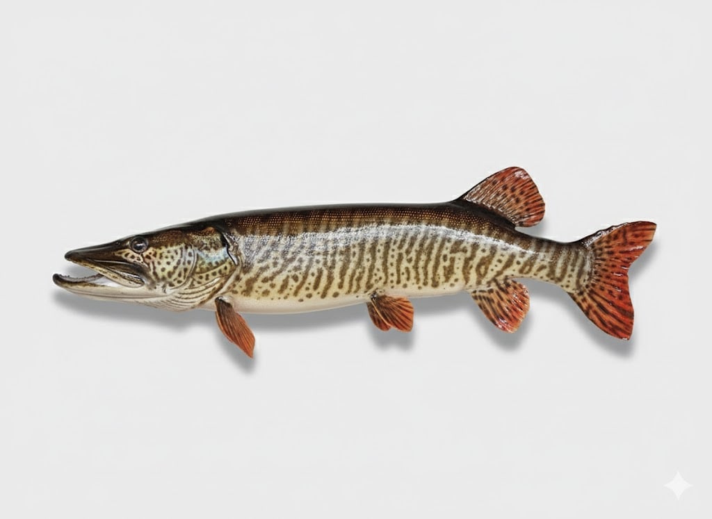 Muskie Wall Mounted Fish. In Replica of Freshwater Fish. 10"Hx 33"W x 7"D.: Wall Mounted Fish Display (Decorative). Made to look like Muskie.