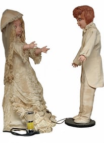 Automated Former Window Display of 35" Boy & Girl Bride (Vintage) in Lace Wedding dress and Tuxedo.