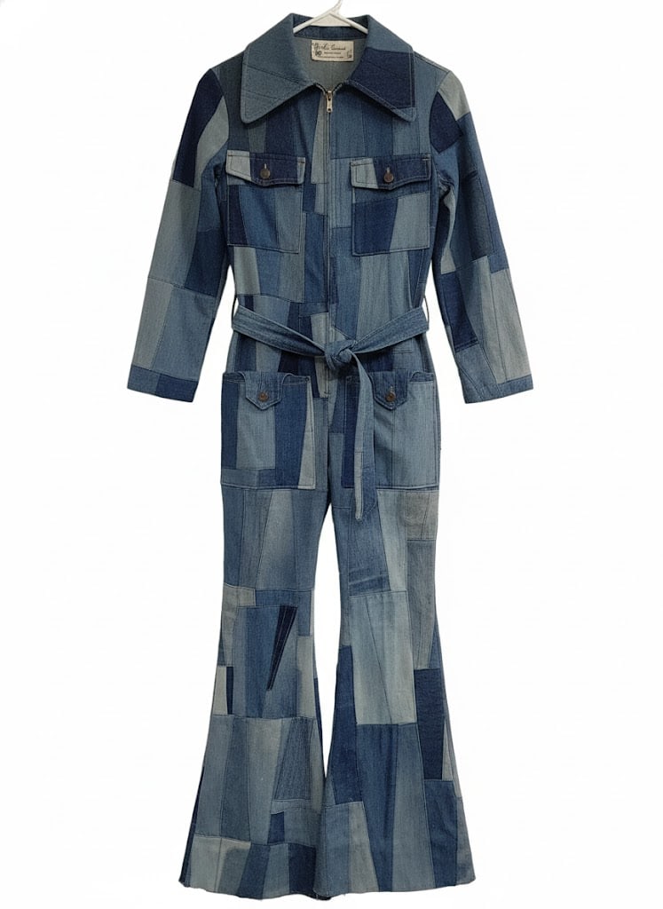 Sammy Davis Jr. Designer is Mr. Vicente' of Hollywood - New York. Patch Jumpsuit. Small: Vintage 70's Jean Patch Jumpsuit out of Sammy Davis, Jr. Collection (Private Fam. Estate). Tag sown in Collar indicates Custom Designer: Mr. Vicente' of Hollywood-New York. Sz. Sm