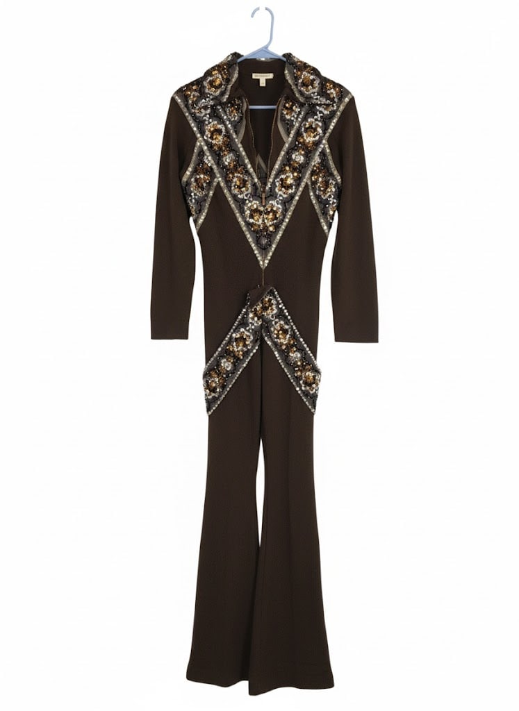 Brown Sequin Jumpsuit Out of Performer Sammy Davis Jr. Collection Estate Items. Size Sm.: Sammy Davis Brown Sequin Cloth VIntage (70s) Jumpsuit. There are small holes in fabric on legs. Sz Small.