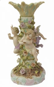 German Porcelain Candlestick Holder. Marking "383" with Blue Xx.