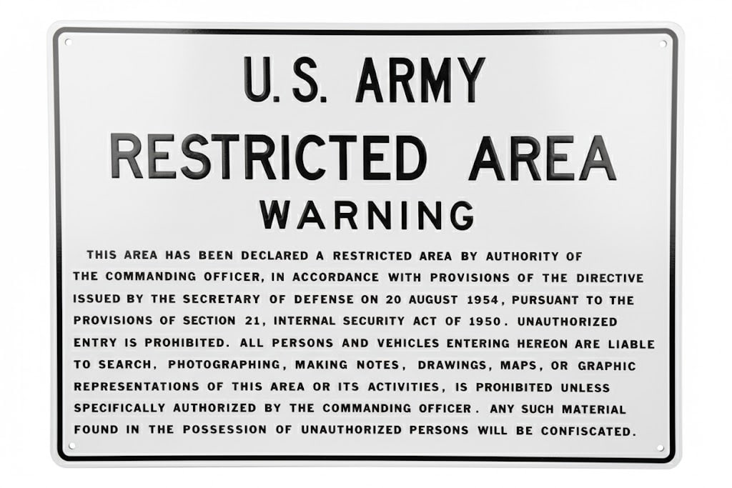 US Army Military Sign: Warning Restricted Area.: US Army Military Sign: Warning Restricted Area. 1954. 20" x 28"