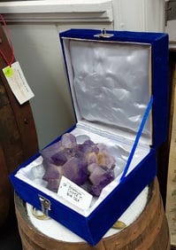 Amethyst Display in Blue Velvet Box with White Satin Interior. Not Cleaned.