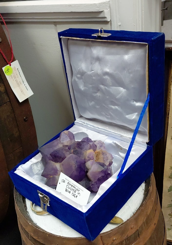 Amethyst Display in Blue Velvet Box with White Satin Interior. Not Cleaned.: Blue Amethyst Cluster in Blue Velvet Box with White Interior. 5"H x 10"W x 10"D.