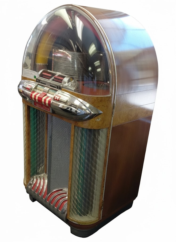 Wurlitzer 1100 with Rhino Classics Sound Collection Inside It. Serial Number on Back (2118596): Wurlitzer 1100 Series Jukebox. Works Fine. Burl Finish. Rhino Classic Rock Song Collection. Rotating Color Cylinders. Serial #2118596. 57H x 30W x27"D.