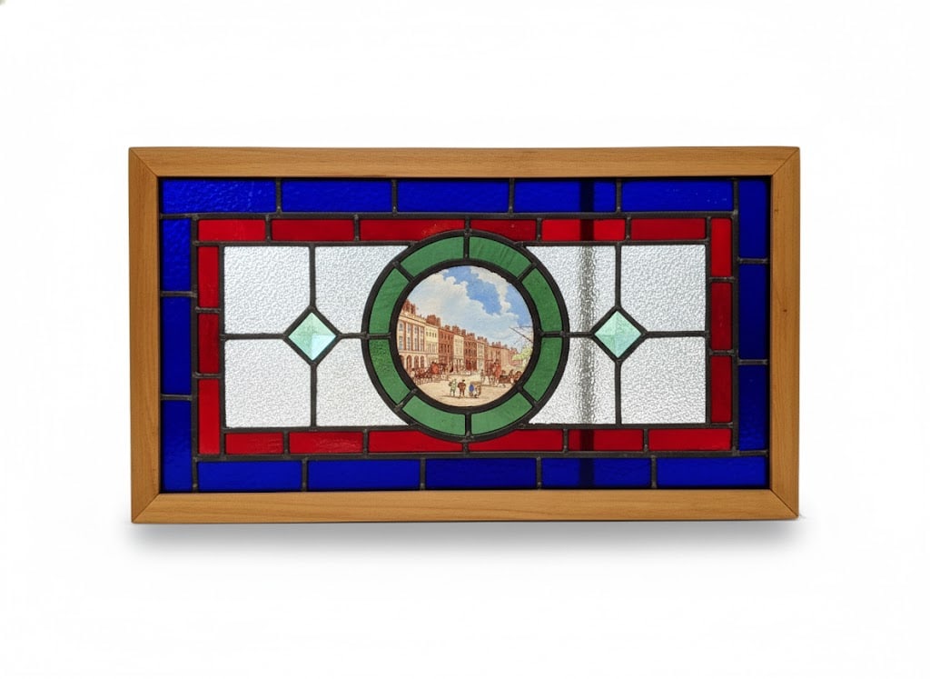 Cottage Stained Glass Window. Grosvenor Square. Approx 1840 London. England. Historic London.: Cottage Stained Glass Window. Historic London-1840. Grosvenor Square. 16"H x 29"W x 1.25"D.