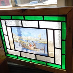 Cottage Stained Glass Window. Boat of Fishermen. 14"H.