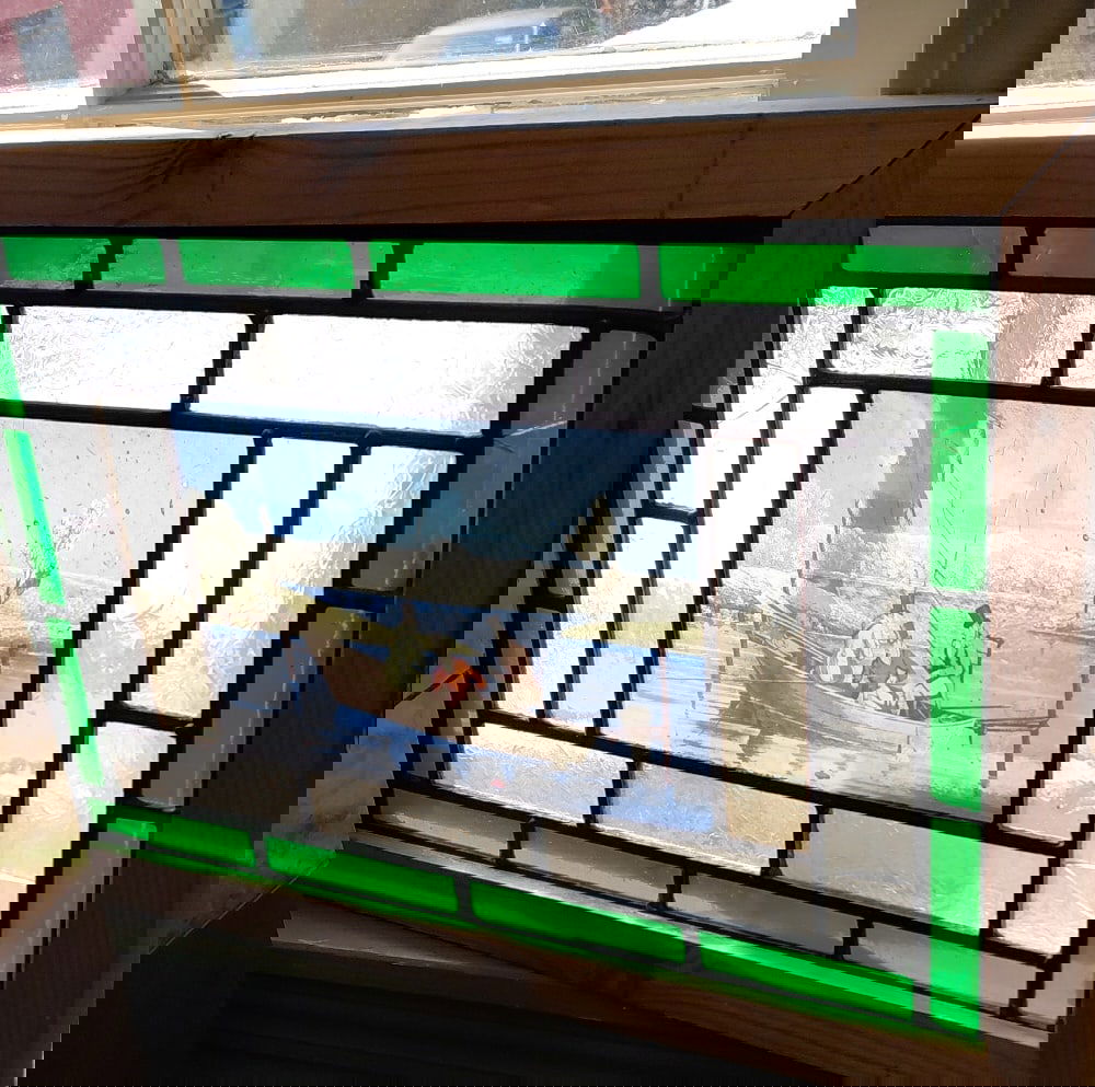 Cottage Stained Glass Window. Boat of Fishermen. 14"H.: Cottage Stained Glass Window. Boat of Fishermen. 14"H x 21"W. 1.25"D.