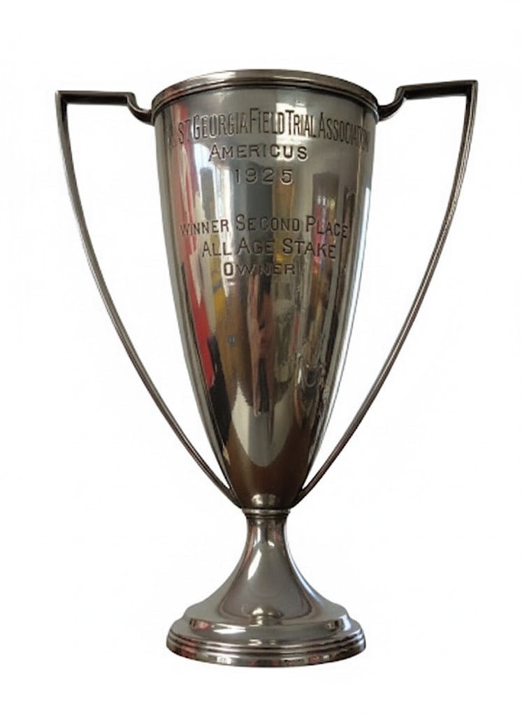 Silver Wallace Bros Co. Engraved Trophy: 1925 Southwest Ga Field Trials-2nd Place.: Silver Wallace Bros Co. Engraved Trophy: 1925 Southwest Ga Field Trials-2nd Place. 13"H x 10"W x 6"D.