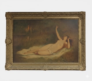 Antique Saloon Reclining Nude Painting on Board- Likely 20th Century Early Time Period. Sign at