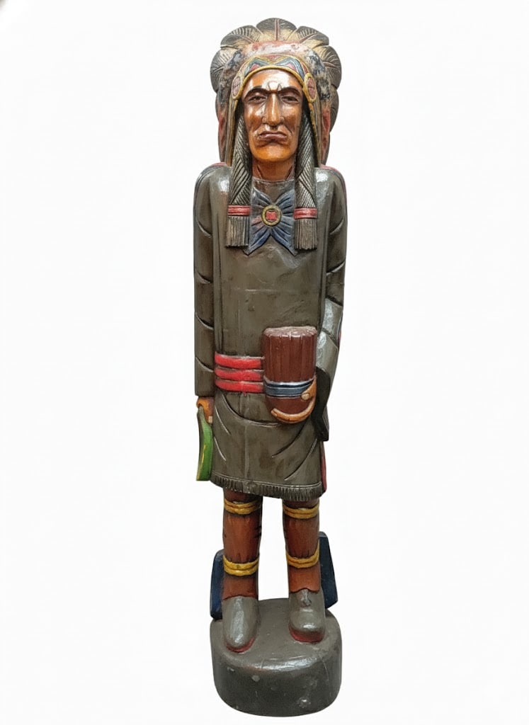 Medium Standing Statue of Carved Chief Cigar Store Indian. Stands 65"H.: Medium Sized Carved Indian Chief (65"Tall). Tobacco Advertising Co/Cigar Company. 65"H x 20"W x 13"D.