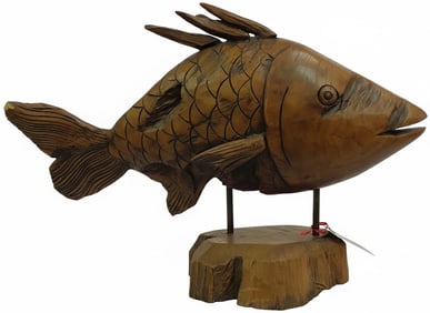 Handcarved Teak Fish on Wood Base. 9"H x 30"W x 8"D.