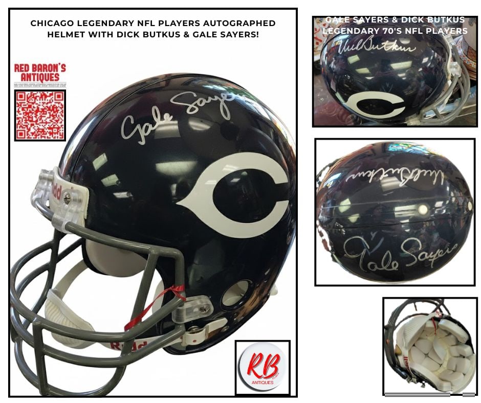 Chicago NFL Autographed Riddell Helmet Signed by Gale Severs & Dick Butkis.: Autographed Gale Sayers & Dick Butkis Signed Chicago Helmet. 11"H x 13"W x 10"D
