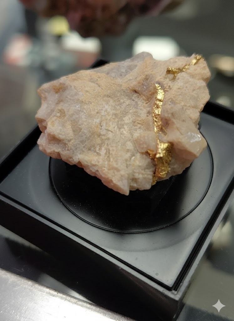 Gold Nugget on Quartz Sitting Attached to 2" Display.: Gold Nugget on Quartz Sitting on 2" Black Display: 2"H x 2"W x 2"D.