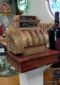 National Antique Cash Register with Hand Crank, Wooden Cash Box, Serial No on Brass Plaque: