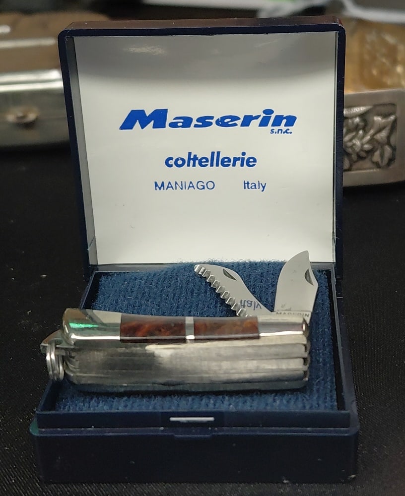Maserin Miniture Multi-Tool Knife Clearly Labeled and Displayed (Made in Italy) in Display Box.: Maserin Multi-Tool Knife Clearly Marked with Made in Italy and in Blue Display Box. 2.34"