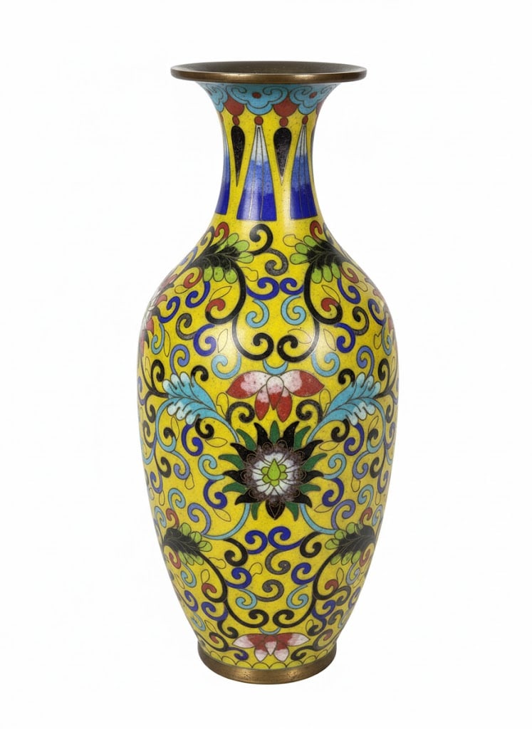 8" Yellow & Teal Cloisonne Vase with Brass Features: 8" Yellow & Teal Cloisonne Vase with Brass Features: What is Cloisonné?Technique: Cloisonné is an ancient art form where decorative objects are made by first creating compartments (cloisons) on a me