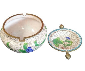 White Cloisonne 2 Pc Flip Top Ash Tray/Incense Burner with Brass Features.