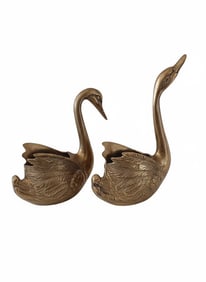 2 Antique Swan Planters in Solid Brass. Korea and Maker Sticker on Bottom as Seen in Photo.