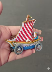 Collectible Antique Ornament Collectible Tin Sailboat Toy on 4 Wheels. 3"H x 3"W