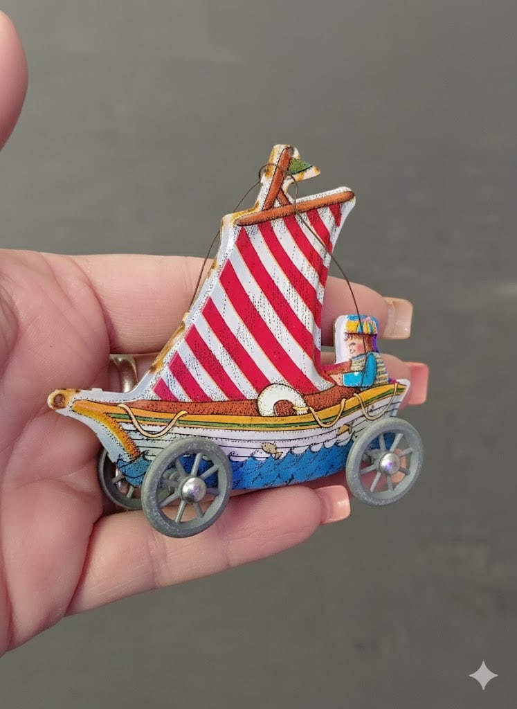 Collectible Antique Ornament Collectible Tin Sailboat Toy on 4 Wheels. 3"H x 3"W: Collectible Antique Sailboat Toy on 4 Wheels. 3"H x 3"W