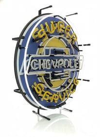 Super Chevrolet Service Sign with Blue & Yellow Glass Tubing