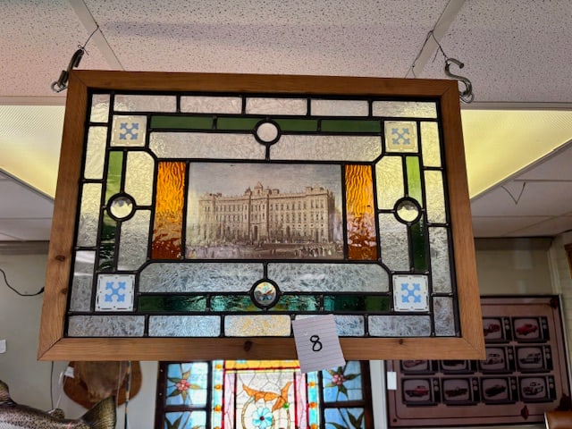 English Stained & Jeweled Window Buckingham Palace Scene: English Stained & Jeweled Window Panel, Buckingham Palace Scene, Approx. 25.5" x 18"