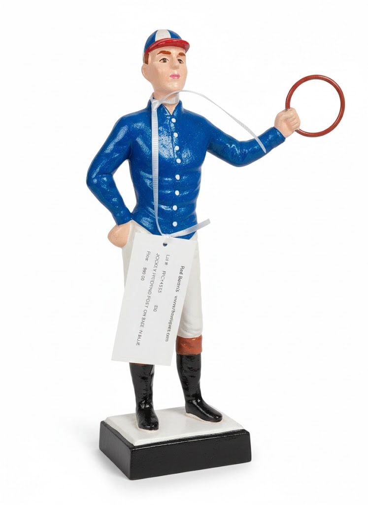 13" Cast Iron Jockey: Cast Iron Jockey Hitching Post on Base (blue shirt) 13" H x "" x 3"