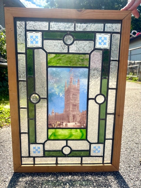 Vintage English Stained and Jeweled Glass Window Panel with Palace of Westminster Scene: Vintage English Stained and Jeweled Glass Window Panel with Palace of Westminster Scene (26" x 18")