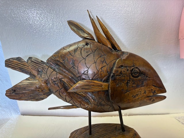 Large Hand-Carved Teak Folk Art Fish Sculpture on Wooden Base (1 of 5)