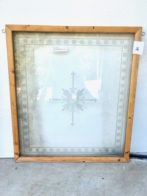Etched Glass Pub Window with Lenny's Ale Logo, London England: Etched Glass Pub Window with Lenny's Ale Logo, London England (RG52) (36"H x 33"W)