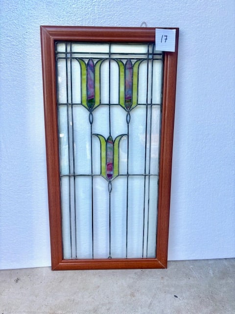 Vintage Stained and Leaded Glass Window with Tulips: Vintage Stained Leaded Glass Window with Tulips, Approx. 35"H x 18"W