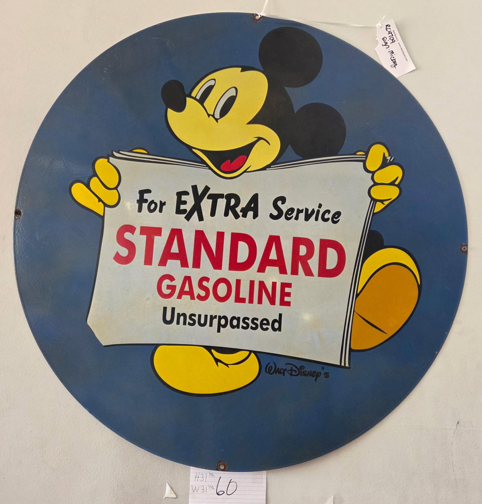 Vintage Walt Disney Mickey Mouse Standard Gasoline Round Tin Sign (1 of 1)