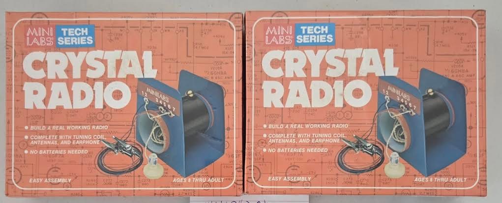 Pair of Mini Labs Tech Series Crystal Radio Kits – Boxed": Pair of Mini Labs Tech Series Crystal Radio Kits in original boxes (7" x 9" x 2") and shrink wrap, educational electronics kits – vintage science toy collectibles