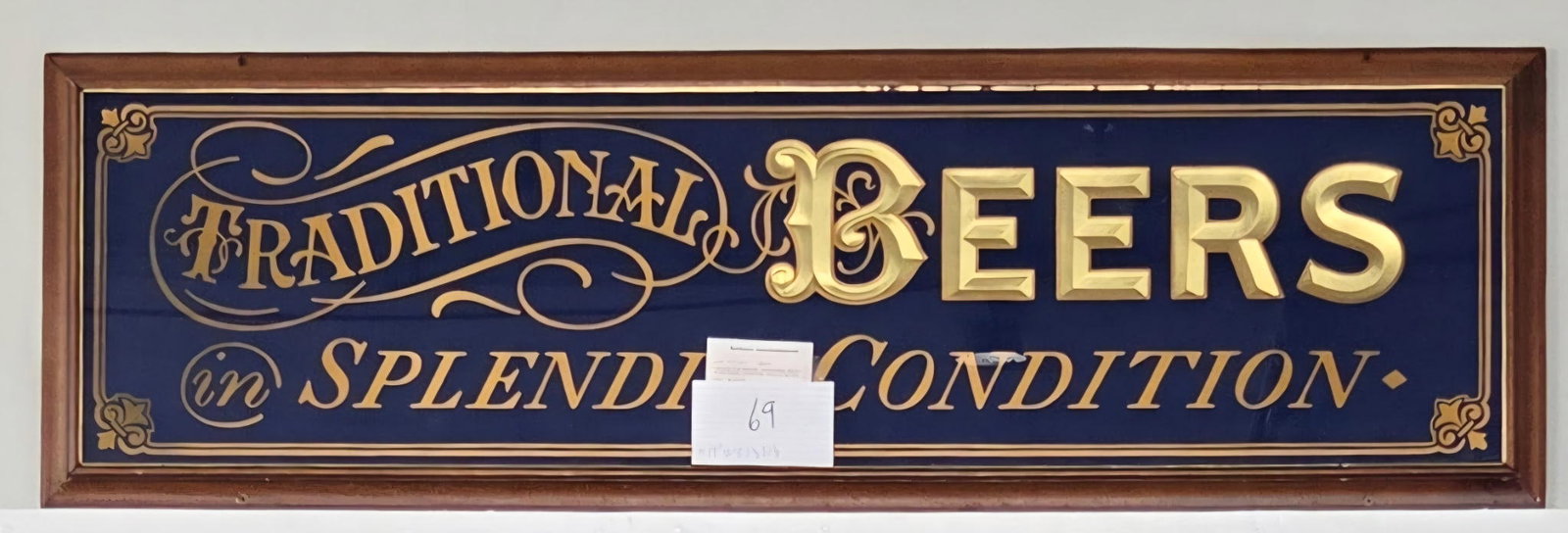 Vintage “Traditional Beers in Splendid Condition" Large Framed Pub Mirror: Vintage “Traditional Beers in Splendid Condition” Large Framed Pub Mirror – Blue & Gold Bar Advertising Sign 16.5” x 54”
