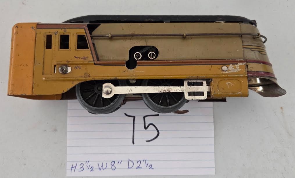 Vintage Yellow American Flyer Style Streamlined Diesel Locomotive: Vintage Wind-up Yellow American Flyer Style Streamlined Diesel Locomotive – AF Logo,Iconic yellow-and-black tinplate streamlined diesel with authentic AF wing logo, detailed striping, and