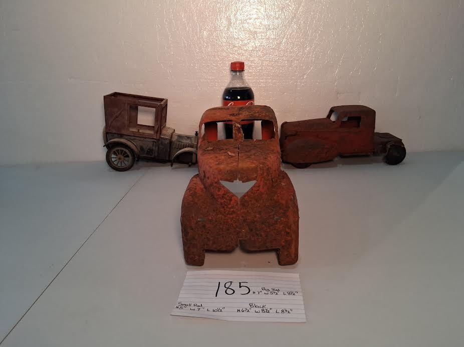 3 Piece Vintage Pressed Steel Hubley, Structo Style Trucks & Early Touring Car Chassis: Vintage Pressed Steel & Tin Toy Vehicle Parts / Restoration Lot – Hubley, Structo Style Trucks & Early Touring Car Chassis (3pcs) Red Truck cab has Wooden Wheels, Approx. 10"L