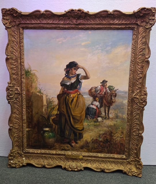 Vintage Oil on Canvas, Woman with mule, village scene.: Vintage Oil on Canvas, Woman with mule, village scene, gilt wood frame, measring approximately 37 Inches High x 32 Inches Wide (in frame). See photos for plaque details.