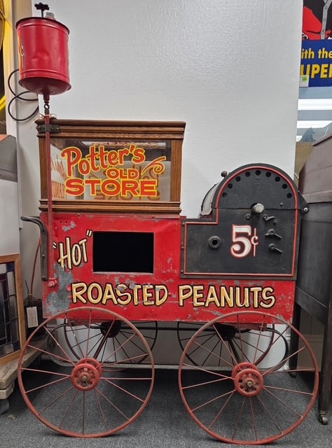 Vintage Potter’s Old Store Hot Roasted Peanuts Cart, 5 Cent Vendor Display with Metal Wheels (1 of 5)