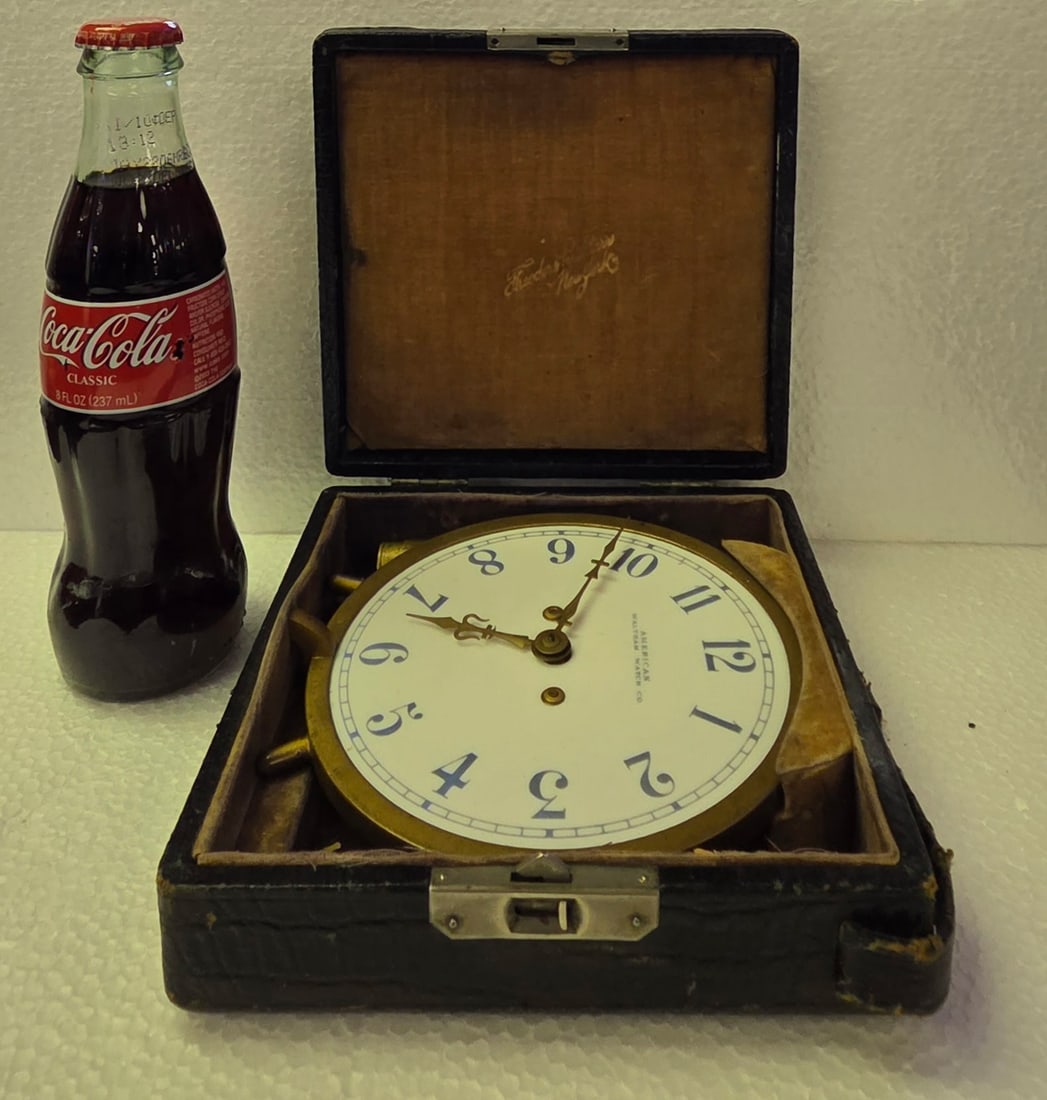 Antique American Watch Co. Travel Clock in Original Black Leatherette Fitted Case: Antique American Watch Co. Travel Clock in Original Black Leatherette Fitted Case. Vintage Milk Glass Dial Timepiece. (RC3922)